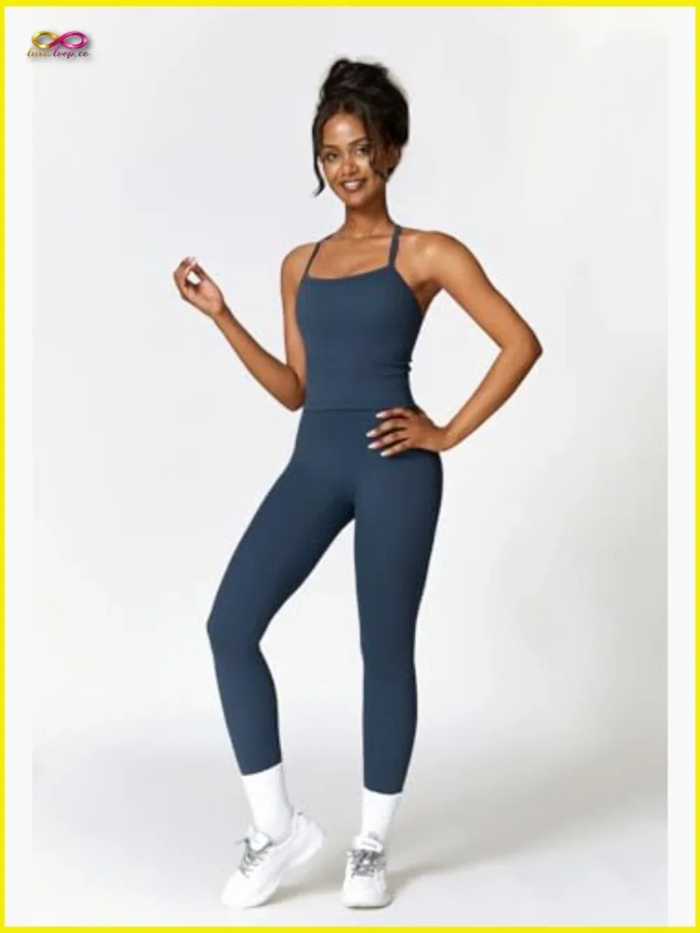 Two Piece Workout Set Cross Back Tank Top High Waist Leggings Gym Outfits - Picture 3 of 7